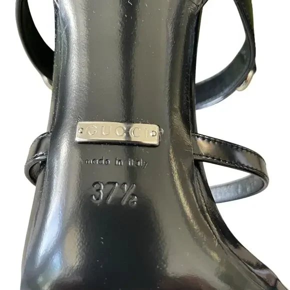 GUCCI Women's Horsebit Caged T Strap High Heel Sandals Black Silver 37.5 US 7.5 - Picture 12 of 16